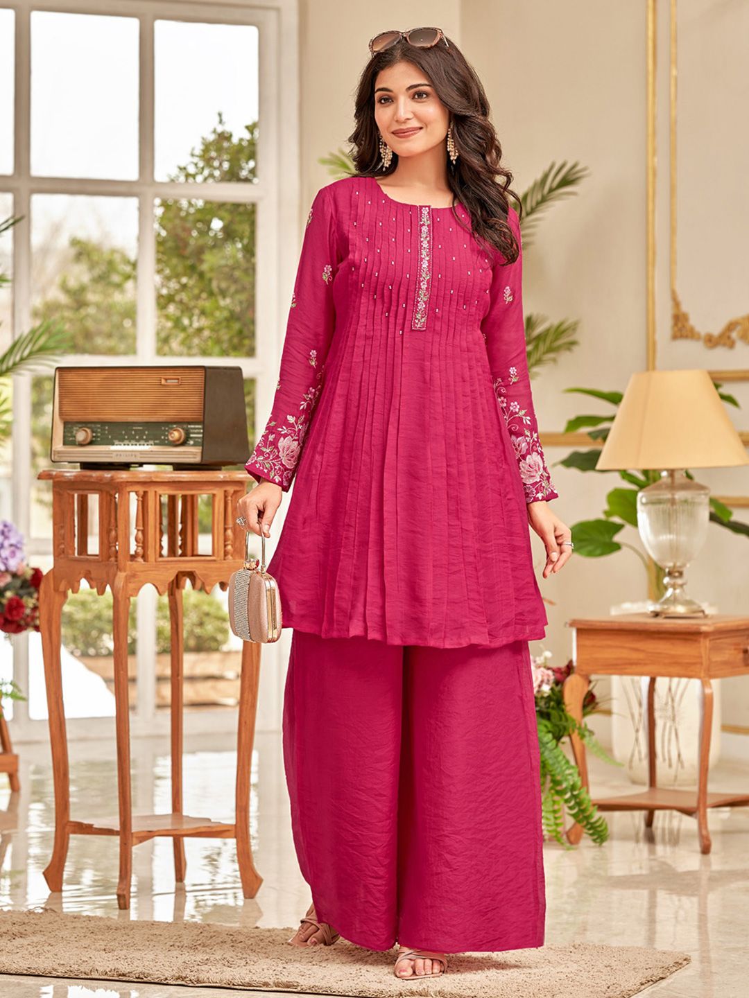 Pink Floral Embroidered Thread Work Chanderi Cotton A-Line Kurta With Palazzos