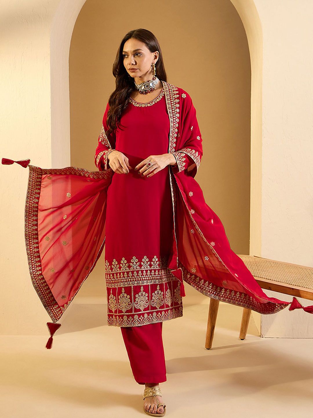 Dhiyona IN Women Ethnic Motifs Embroidered Regular Kurta with Palazzos & With Dupatta