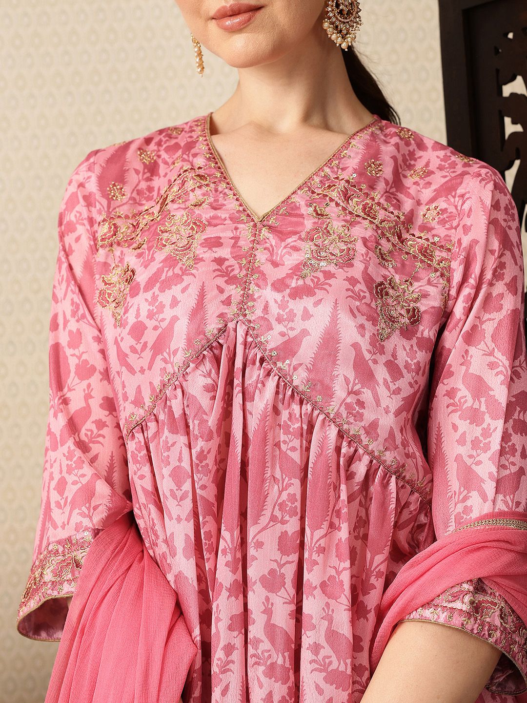 Dhiyona HOP Floral Printed Sequinned Gathered Jashn Kurti With Sharara & Dupatta