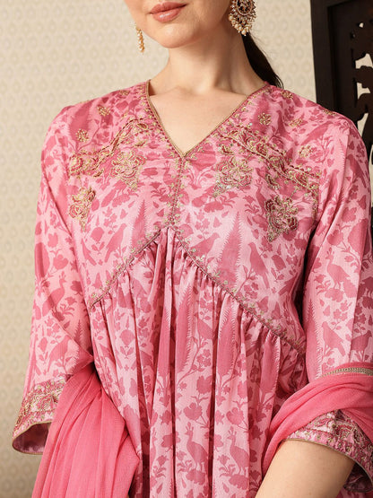 Dhiyona HOP Floral Printed Sequinned Gathered Jashn Kurti With Sharara & Dupatta