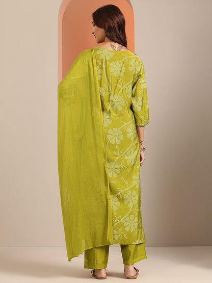 Bandhani Printed Thread Work Straight Kurta With Trousers & Dupatta