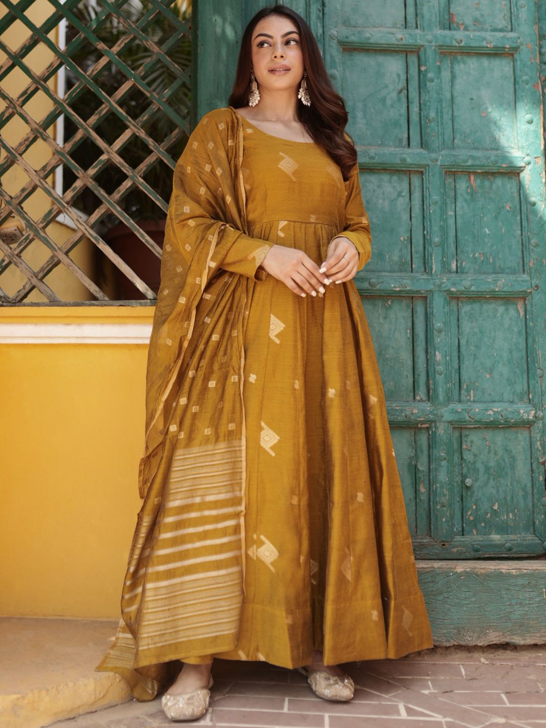 Dhiyona LL Womens Mustard Woven Design Anarkali Kurta With Palazzos & Dupatta