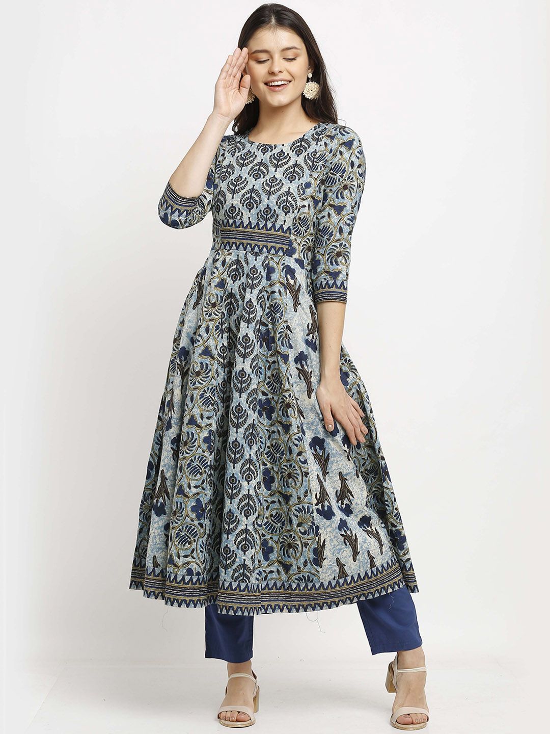 Dhiyona KL Ethnic Motifs Printed Pure Cotton Anarkali Kurta with Trousers & Dupatta