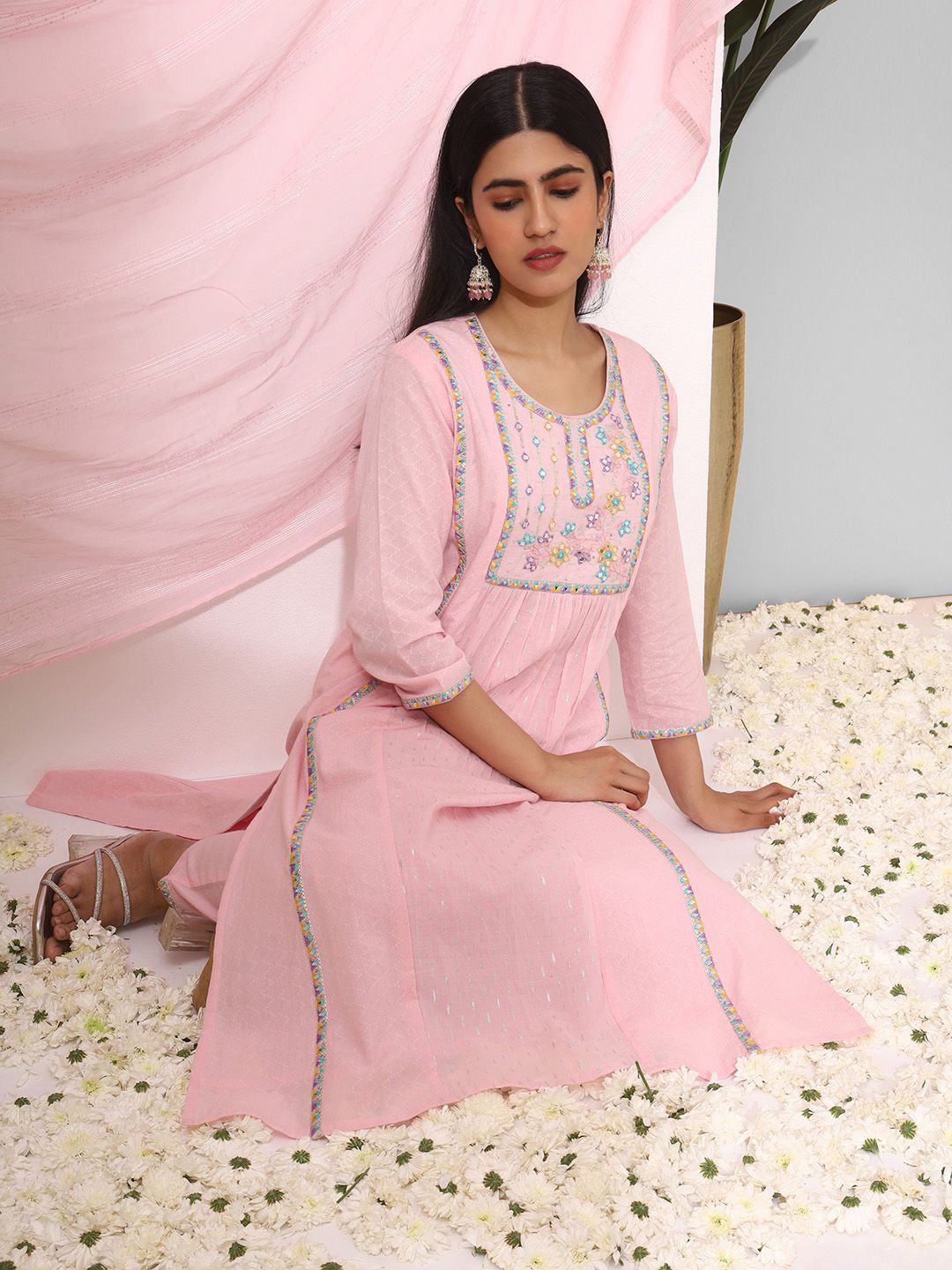 Dhiyona IS Women's Ethnic Motifs Yoke Design Mirror Work Pure Cotton Kurta with Trousers & Dupatta