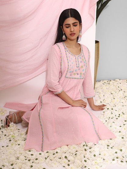 Dhiyona IS Women's Ethnic Motifs Yoke Design Mirror Work Pure Cotton Kurta with Trousers & Dupatta
