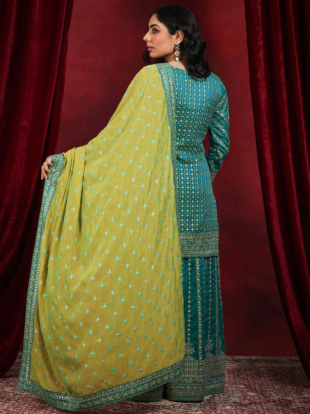 Dhiyona LL Sequinnce Embellished Round Neck Kurta with Palazzos & Dupatta