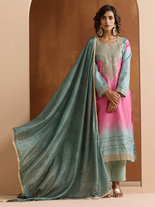Dhiyona IS Women's Ethnic Motifs Embroidered Zari Work Straight Kurta with Trousers & Dupatta
