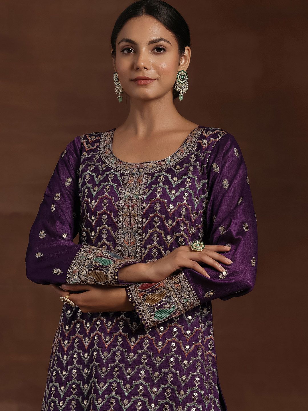 Dhiyona LL Ethnic Motifs Embroidered Sequinned Kurta With Palazzos & Dupatta