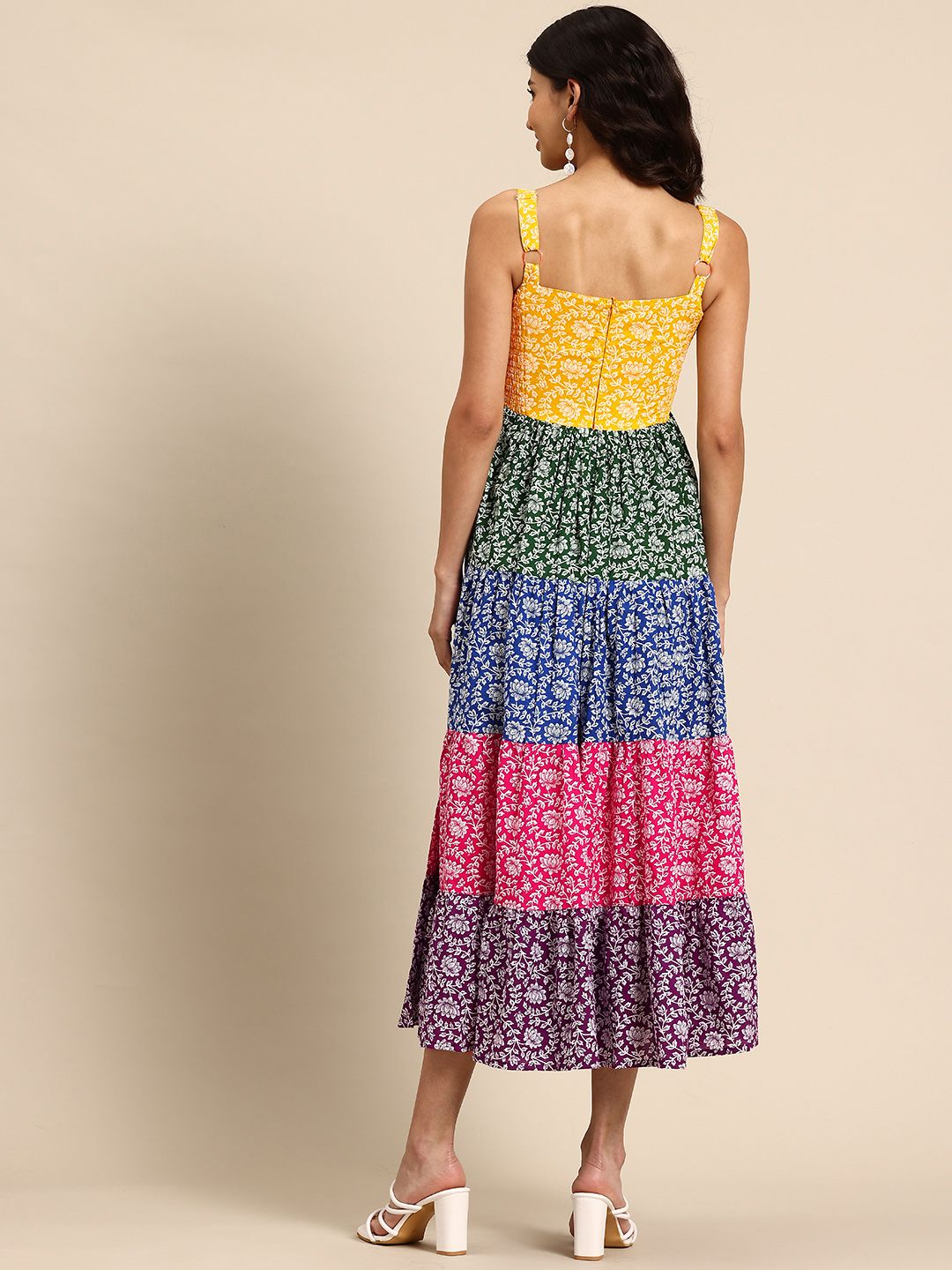 Dhiyona AY Women's Floral Printed Tiered Fit & Flare Midi Ethnic Dress