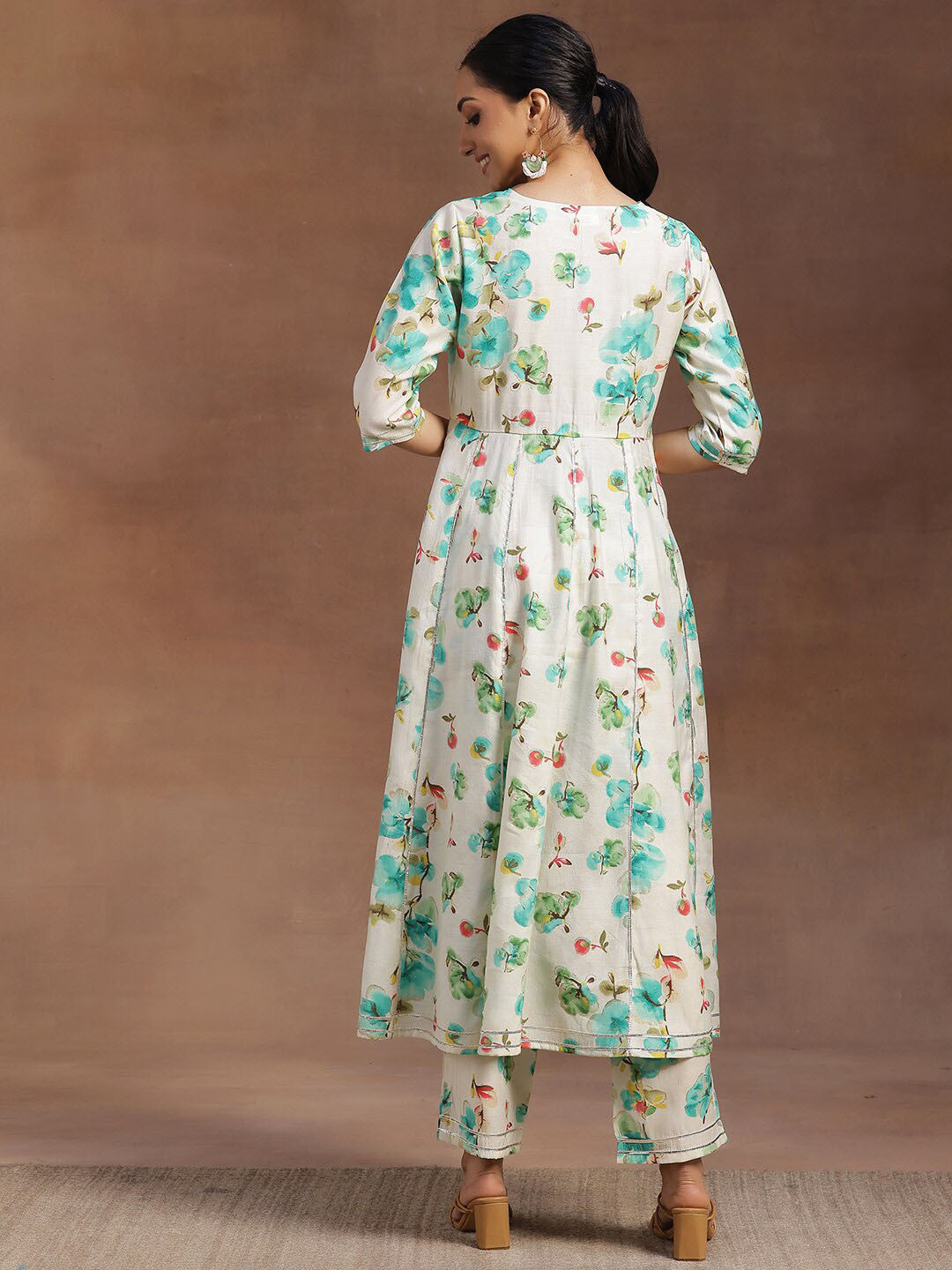 Womens Off White Printed Anarkali Kurta With Trousers