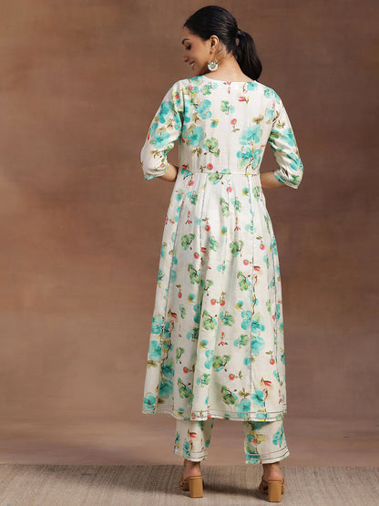 Womens Off White Printed Anarkali Kurta With Trousers