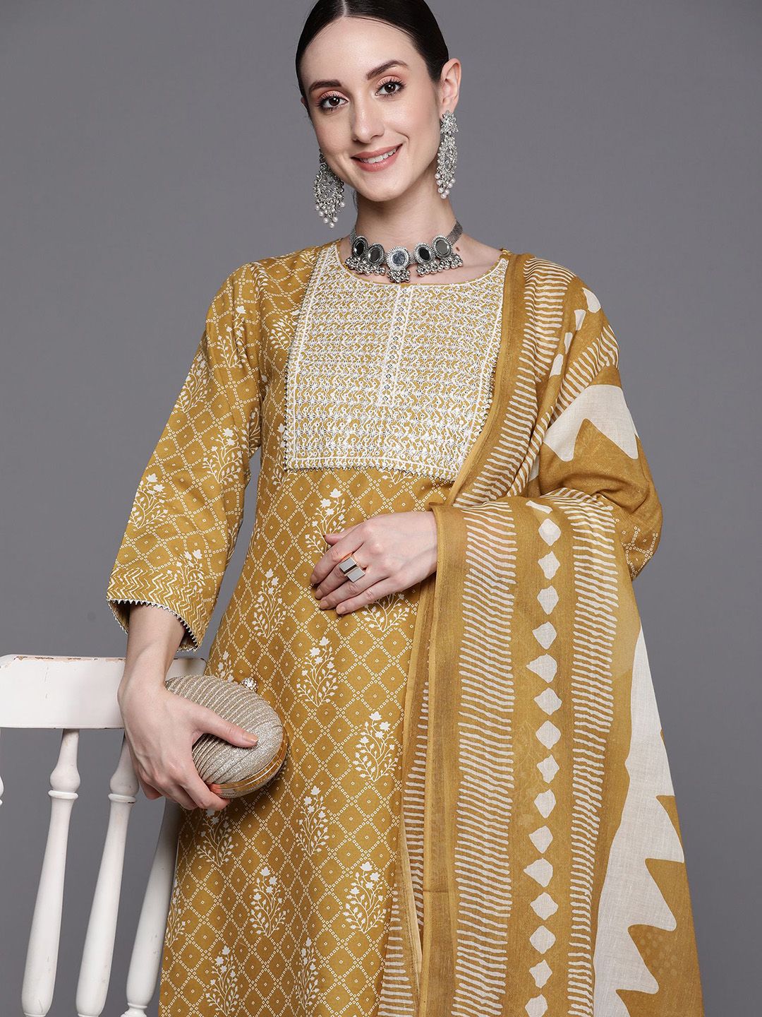 Dhiyona IE Ethnic Motifs Embroidered Pure Cotton Straight Kurta With Trousers & Dupatta