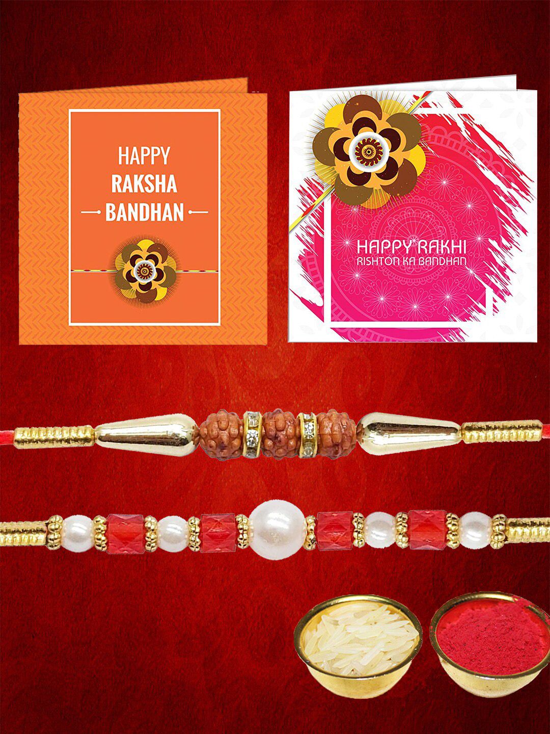 Dhiyona Set Of 2 Stone Studded Rakhi Greeting Card & Roli Chawal