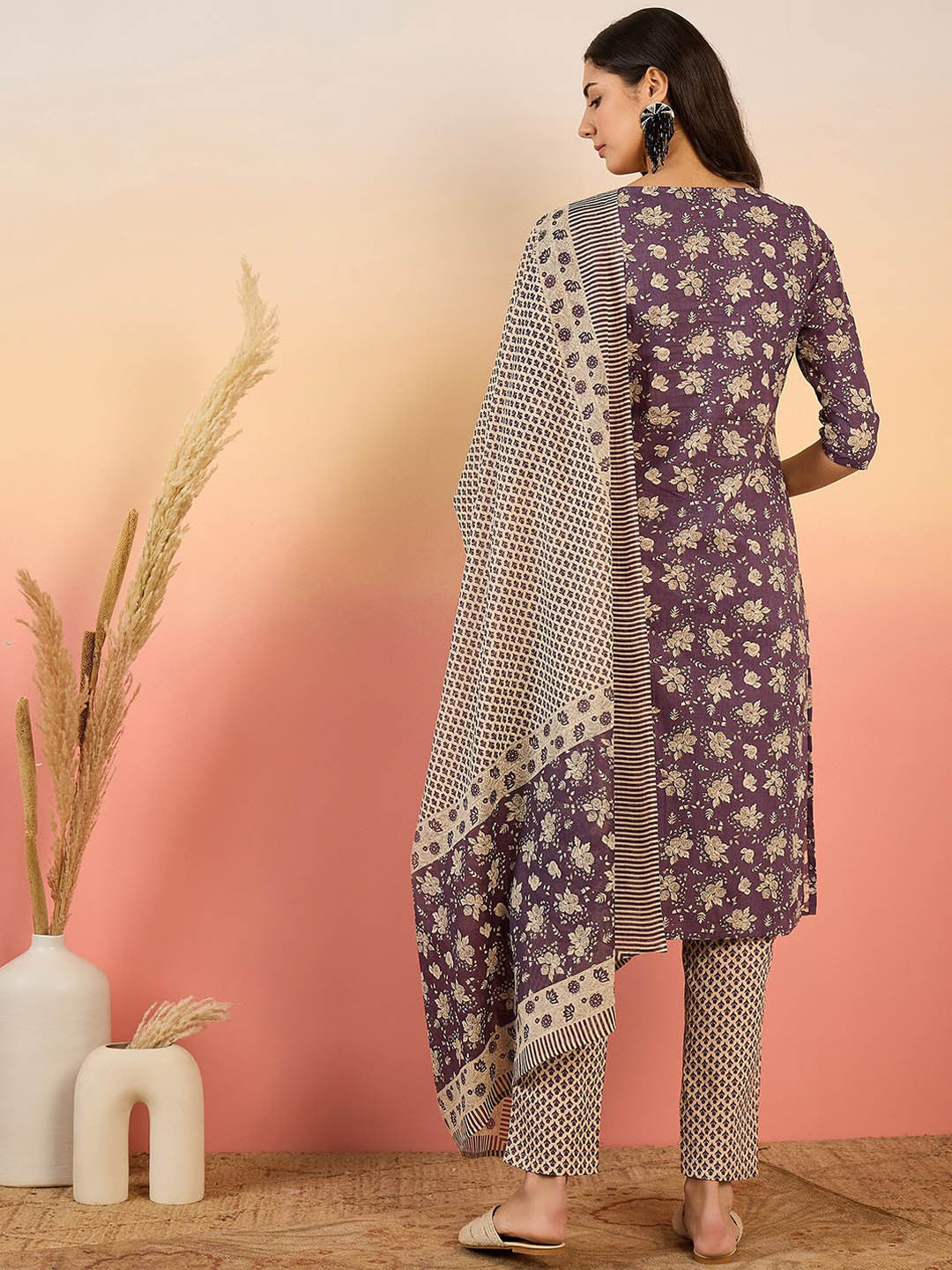 Women Floral Printed Regular Pure Cotton Kurta with Trousers & With Dupatta