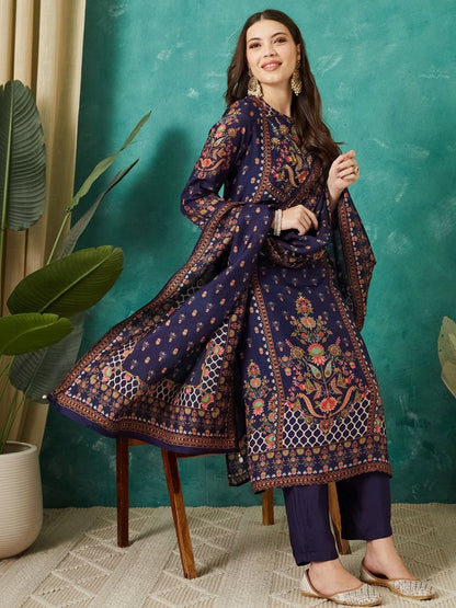 Printed Round Neck Kurta & Trousers With Dupatta