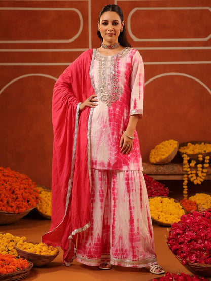 Dhiyona SC Women Fuchsia Shibori Chanderi Silk Embroidered Sharara Set