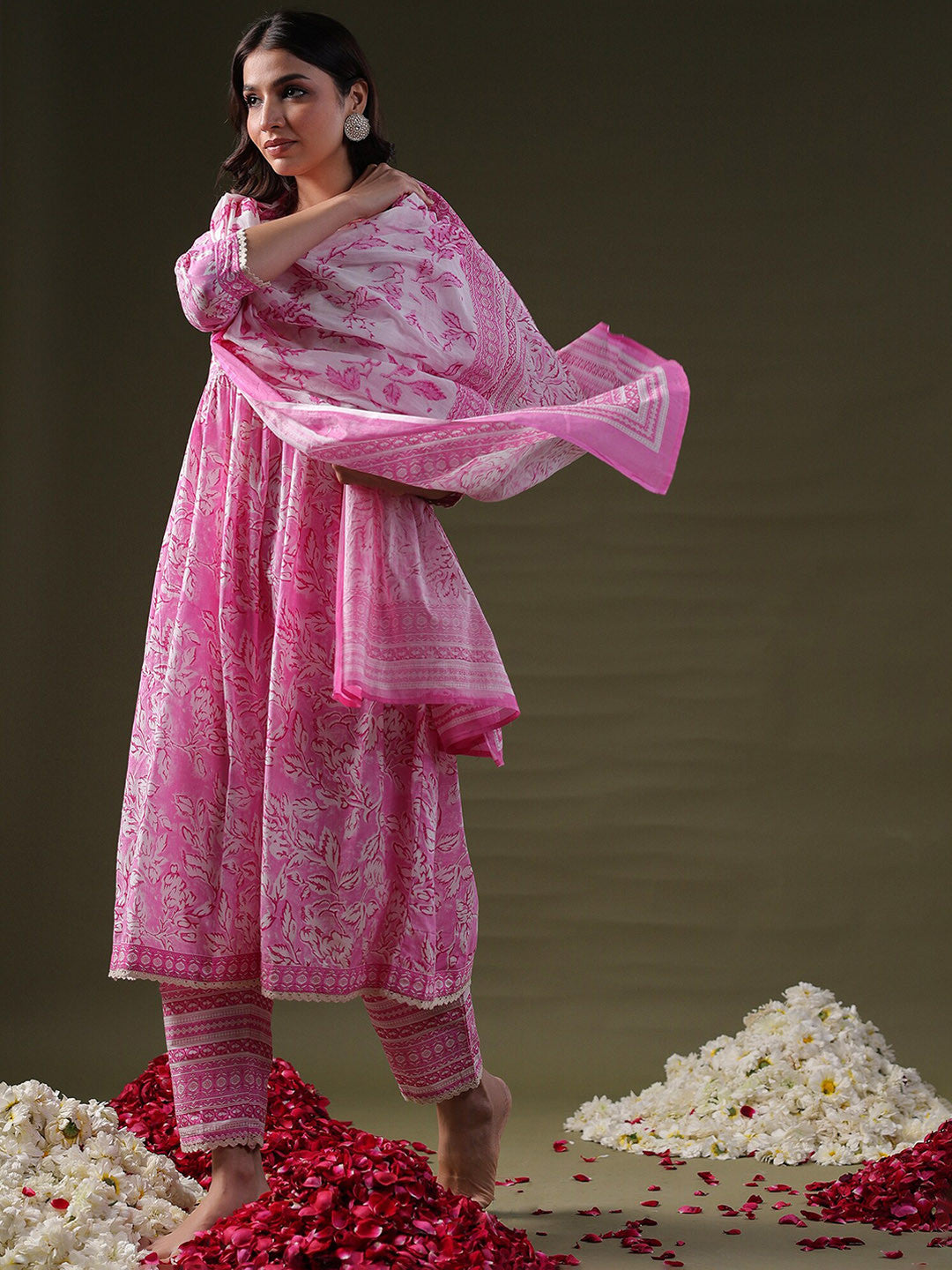 Floral Embroidered Round Neck Sequinned Pure Cotton A-Line Kurta Set