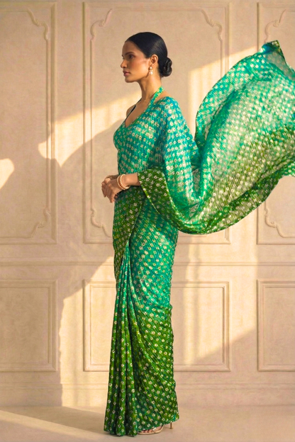 Dhiyona ST Sunrise Blue Green Ombre' Knitted Printed Sequin Saree with Blouse Fabric