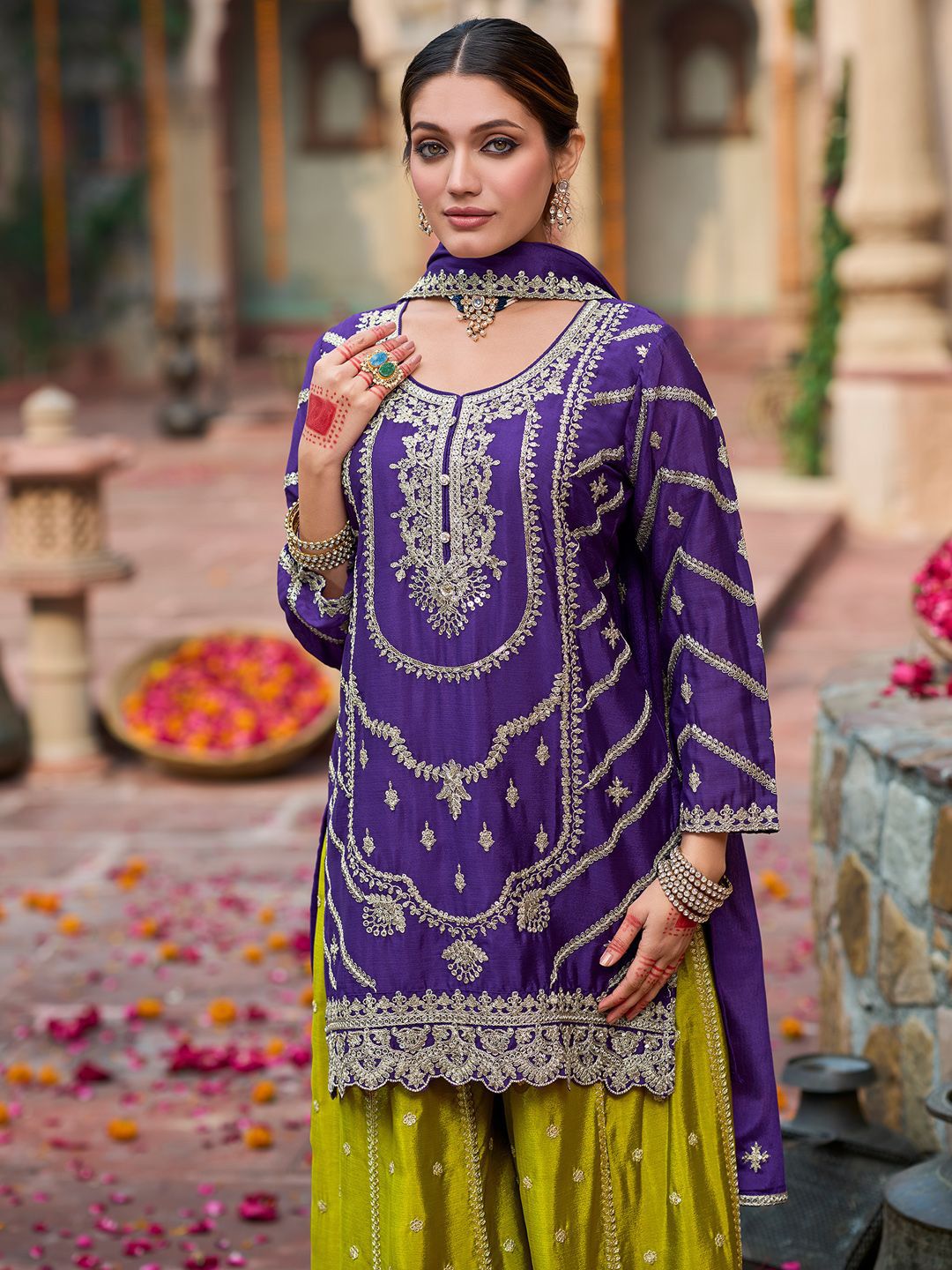 Dhiyona IE Floral Embroidered Sequinned Chinon Straight Kurta With Palazzos & Dupatta