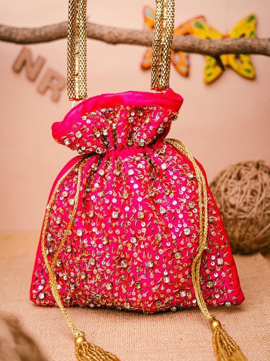 Dhiyona NR Women Pink & Gold-Toned Embellished Potli Clutch
