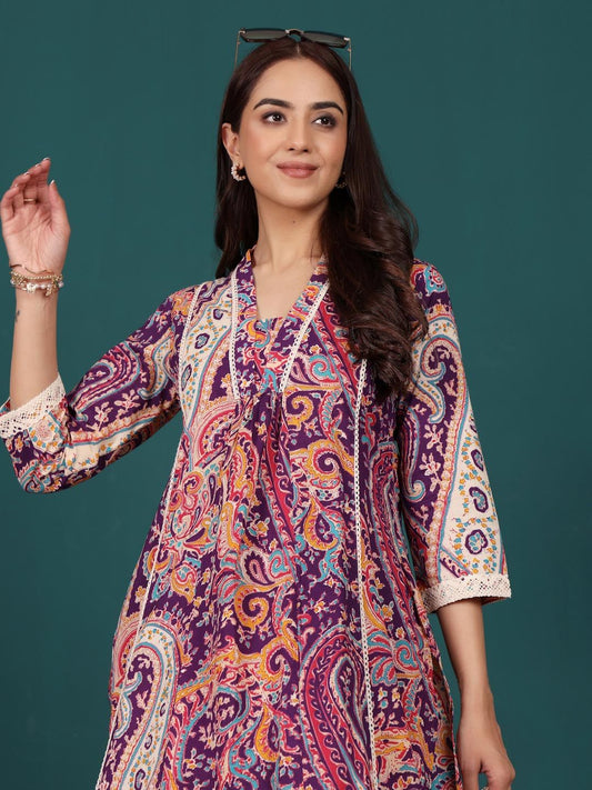 Dhiyona VA Women's Paisley Printed Regular Pure Cotton Kurta with Trousers