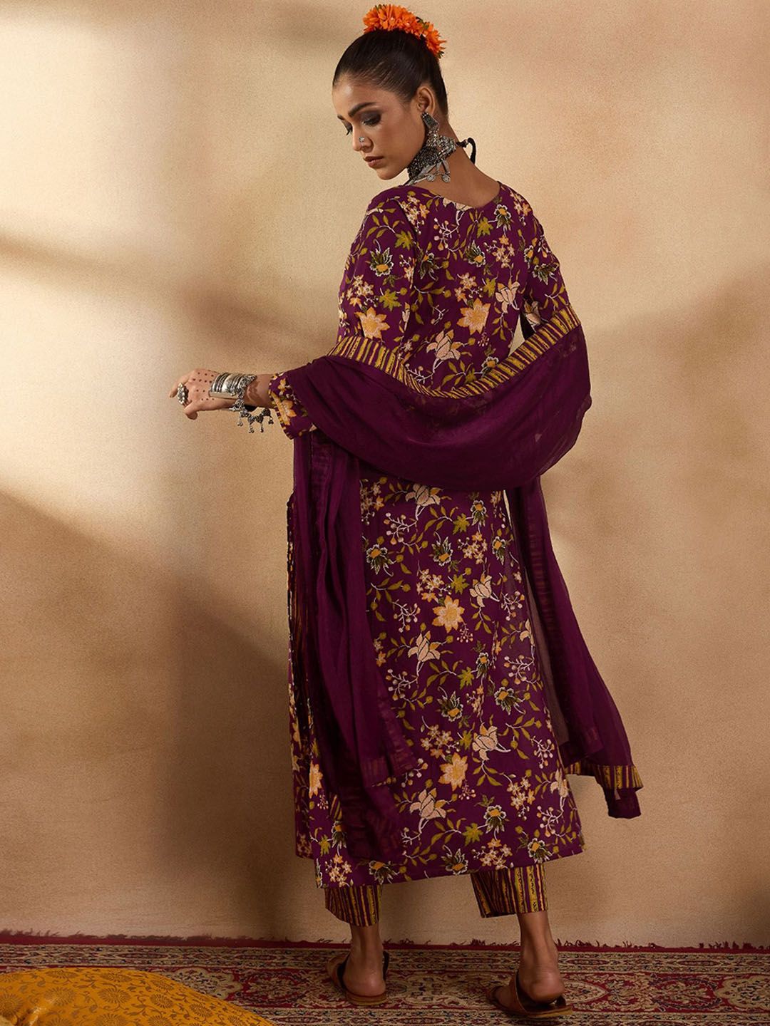Dhiyona IE Floral Printed Straight Pure Cotton Kurta with Trousers & Dupatta