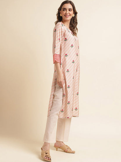 Dhiyona IS Women's Peach-Coloured Floral Printed Pure Cotton Straight Kurta & Trousers With Dupatta