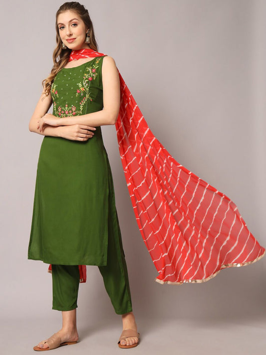 Dhiyona KL Floral Embroidered Mirror Work Kurta with Trousers & Dupatta