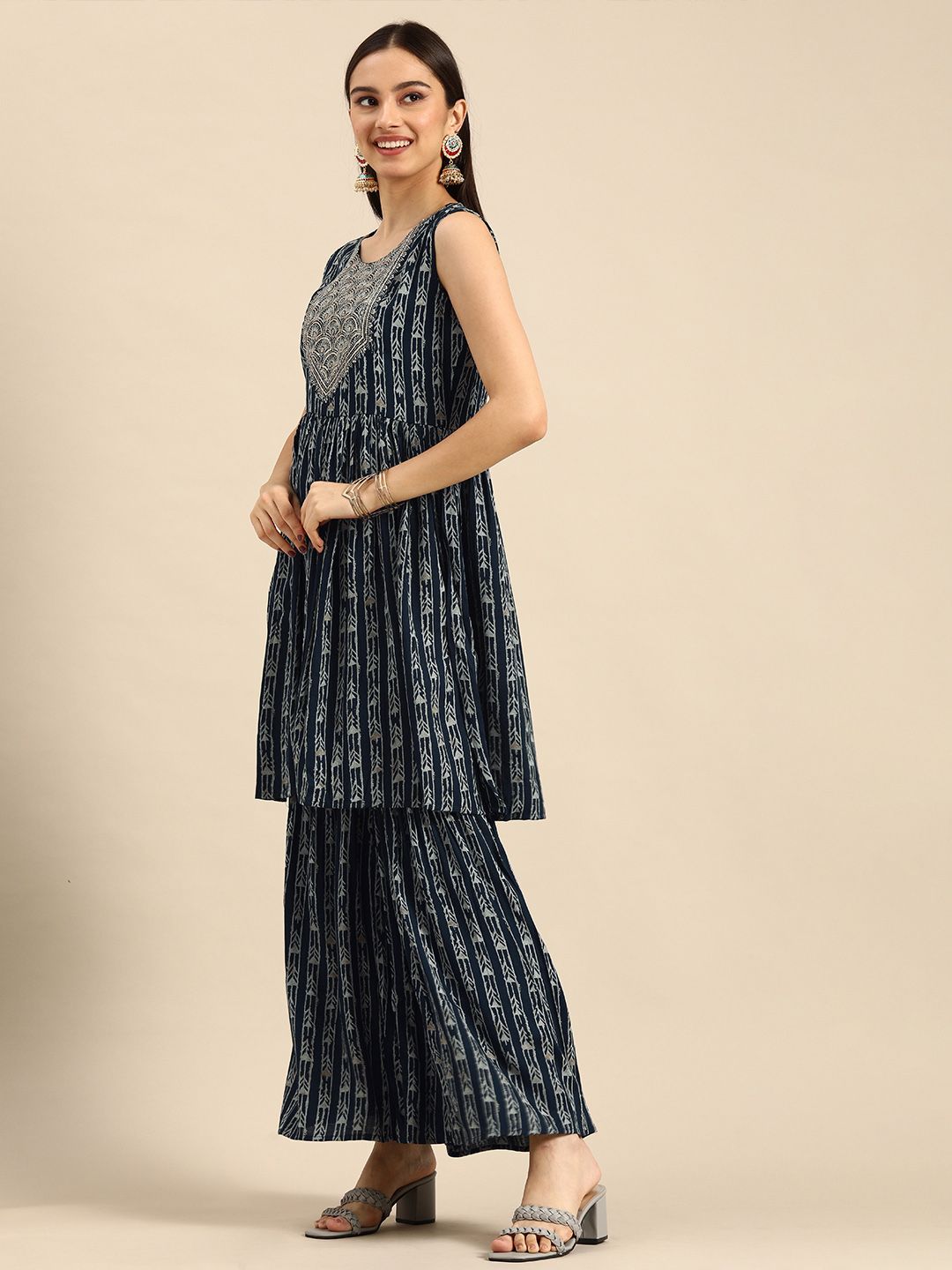 Dhiyona AN Women Navy Blue Ethnic Motifs Printed Sequinned Kurta with Sharara & Dupatta
