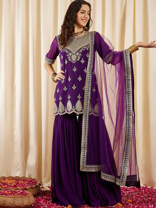 Dhiyona IN Ethnic Motifs Embroidered Regular Sequined Kurti with Sharara & Dupatta