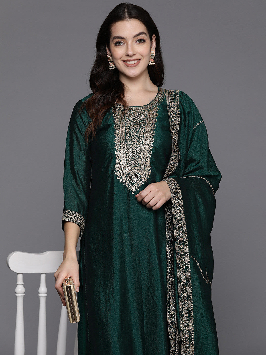 Embroidered Regular Sequinned Kurta with Trousers & Dupatta