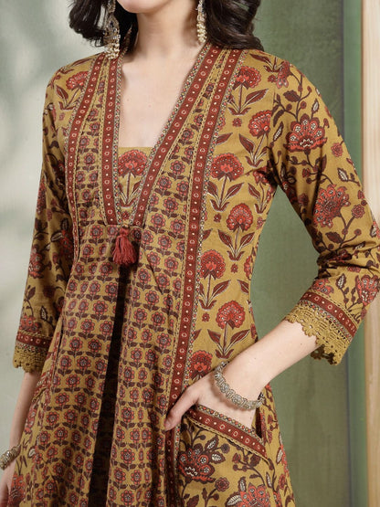 Printed Pure Cotton V-Neck Kurta & Palazzos With Dupatta