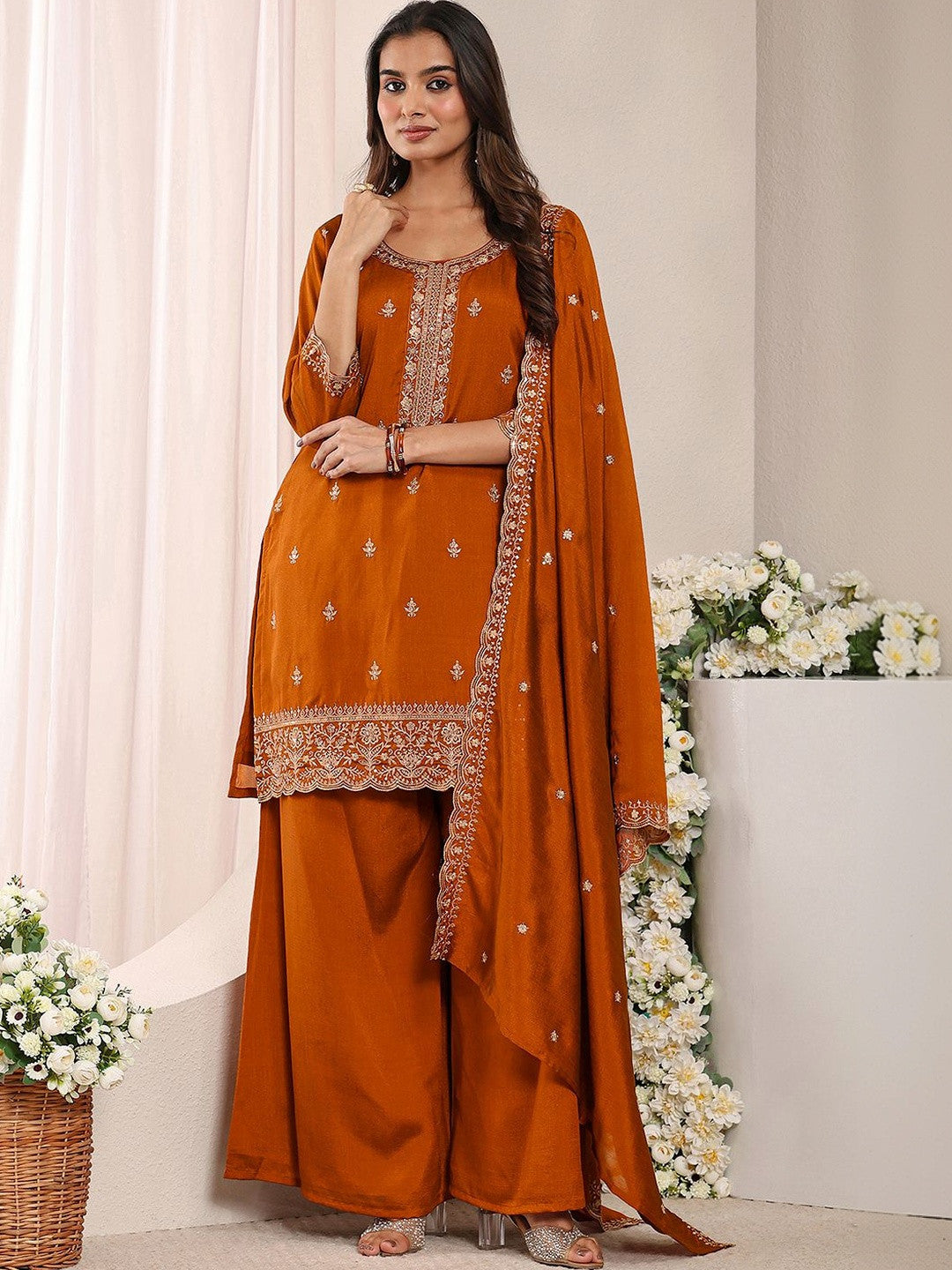 Rust Embroidered Straight Suit Set with Dupatta