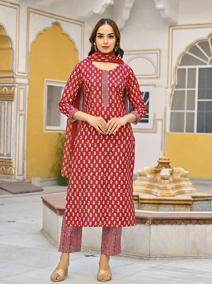 Dhiyona KL Floral Printed Straight Kurta With Trousers And Dupatta