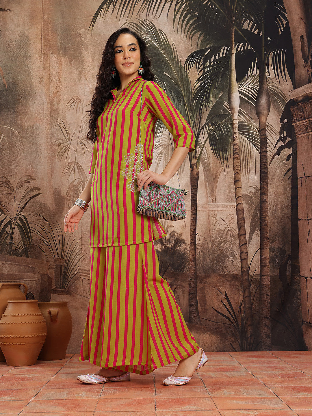 Vertically Striped Zari & Sequinned Detail Straight Kurti with Palazzos