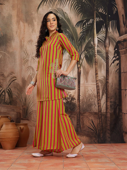 Vertically Striped Zari & Sequinned Detail Straight Kurti with Palazzos
