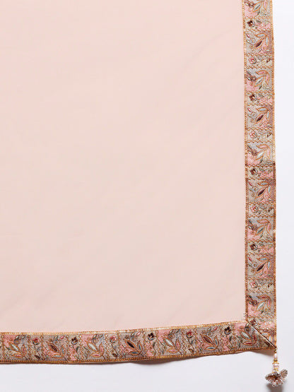Dhiyona LL Libas Womens Peach Embroidered Silk Anarkali Kurti With Palazzos & Dupatta