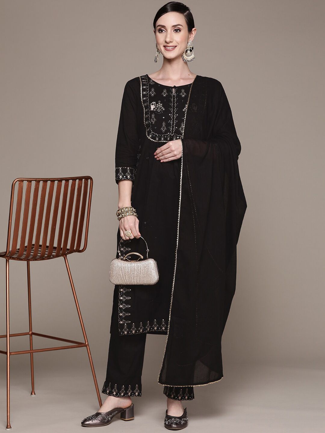 Dhiyona IS Women's Ethnic Motifs Embroidered Mirror Work High Slit Kurta with Trousers & Dupatta