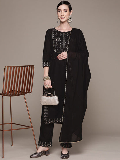 Dhiyona IS Women's Ethnic Motifs Embroidered Mirror Work High Slit Kurta with Trousers & Dupatta