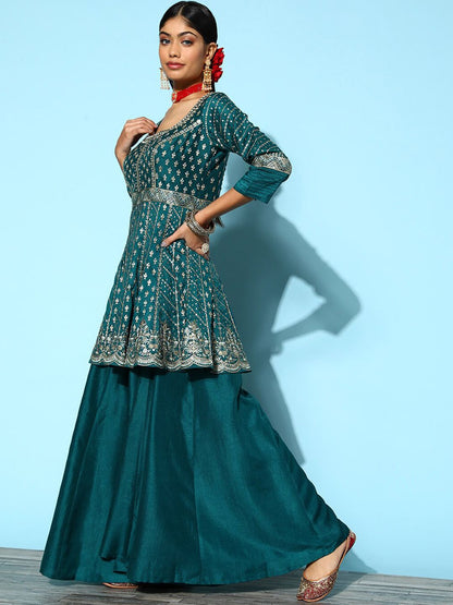 Dhiyona LL Floral Embroidered Sequinned Pure Silk Kurti With Palazzos & With Dupatta