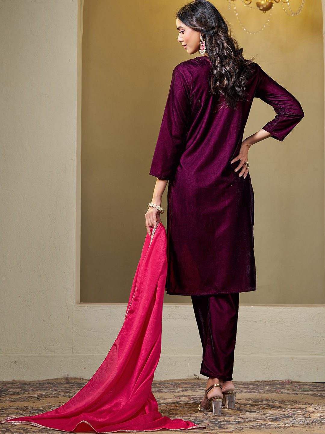 Women Velvet Yoke Embroidery Straight Kurta Pant With Dupatta Set
