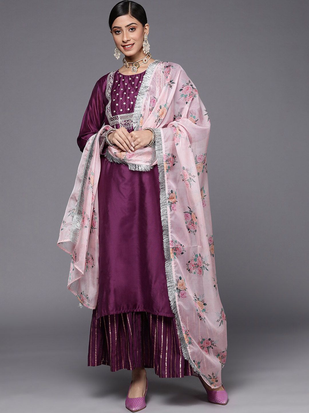 Dhiyona KL Ethnic Motifs Yoke Design Zari Chanderi Silk Kurta with Sharara & Dupatta