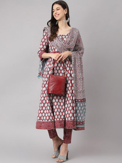 Dhiyona KL Ethnic Motifs Printed Pure Cotton Anarkali Kurta & Trousers With Dupatta