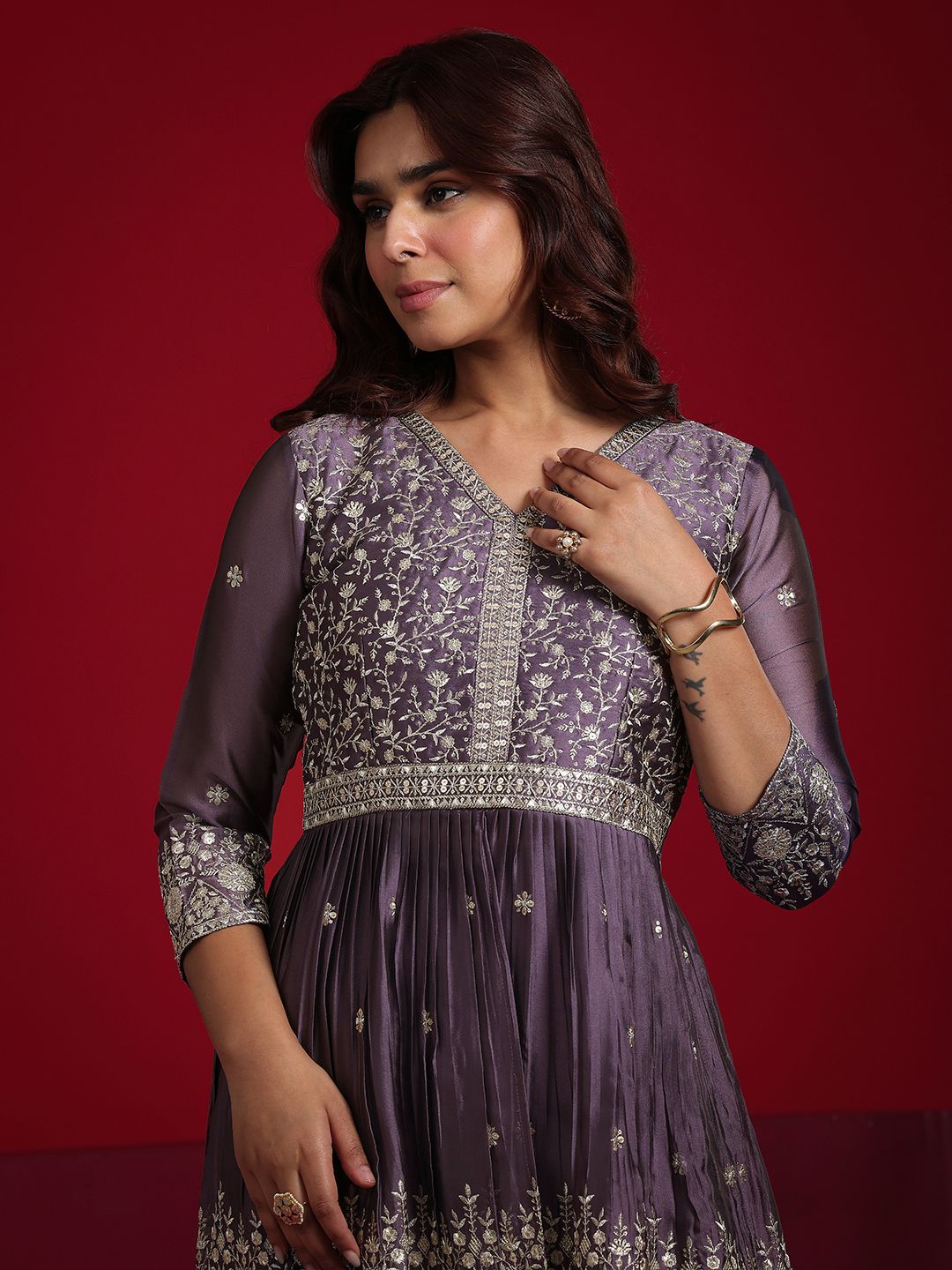Dhiyona LL Floral Embroidered Sequinned Anarkali Kurta With Sharara & Dupatta
