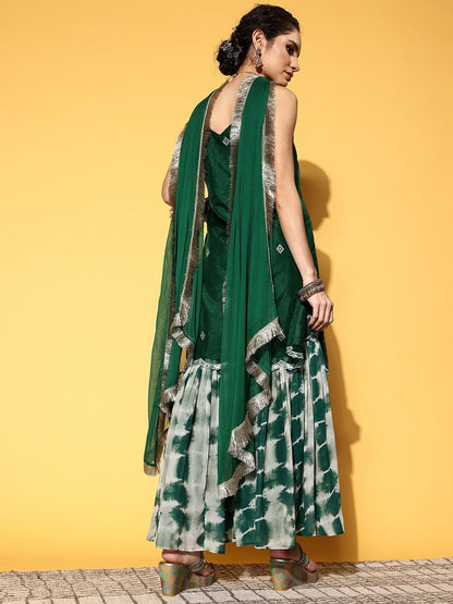 Dhiyona VA Women Green Embroidered Sequinned Kurta with Sharara & Dupatta