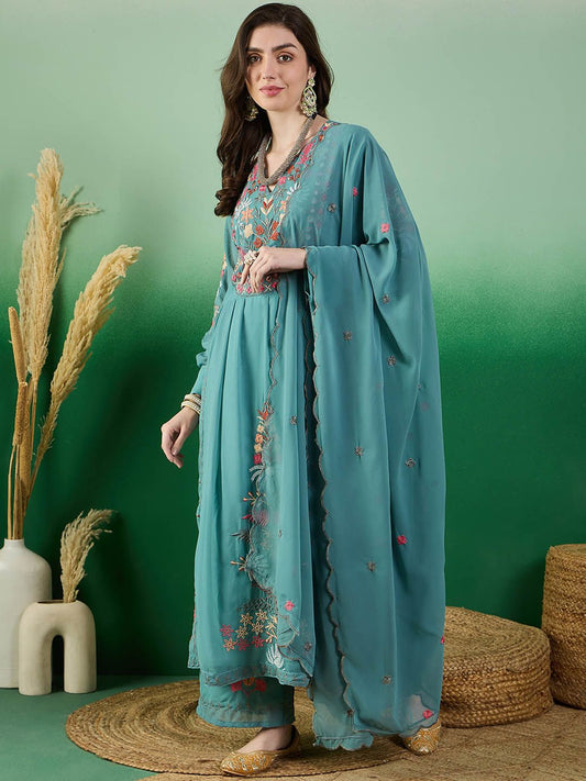 Dhiyona KL Floral Embroidered V-Neck Regular Thread Work Kurta Set With Dupatta