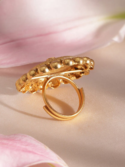 Dhiyona RJ Women's Women 22K Gold-Plated Antique Floral Motif Adjustable Statement Finger Ring
