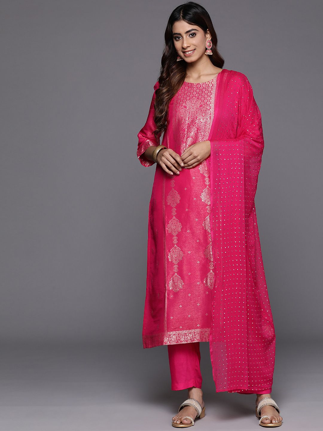 Dhiyona VA Ethnic Motifs Jacquard Kurta with Palazzos & Dupatta