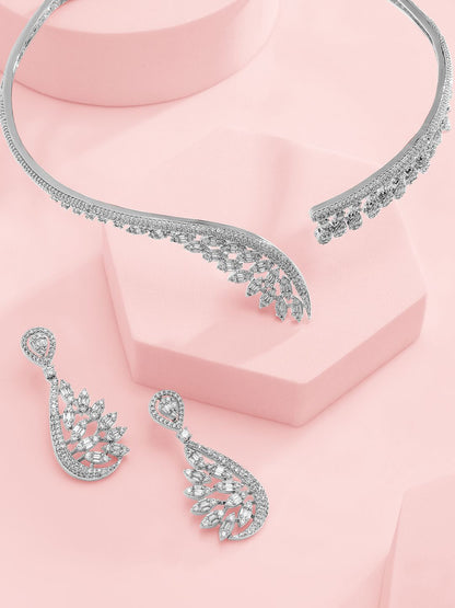 Dhiyona RJ Women's Silver-Plated AAA Cubic Zirconia Studded Leaf-Inspired Statement Choker NecklaceSet