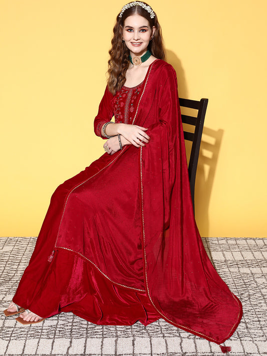 Womens Fuchsia Yoke Design Velvet Anarkali Kurta With Churidar & Dupatta